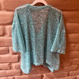 Hand crochet turquoise jacket w unique buttons XL NWOT